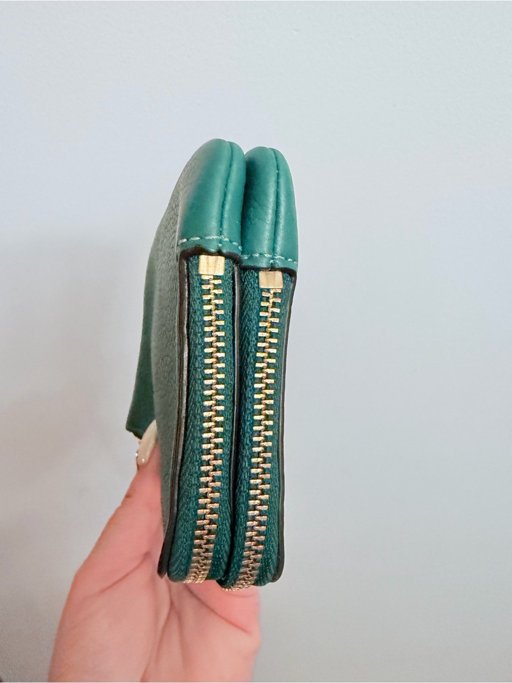 Coach Green Double Corner Zip Pebbled Leather Wristlet - Picture 7 of 8